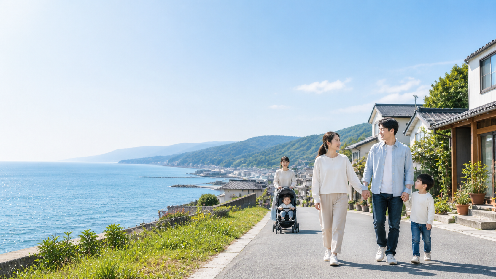 海沿いを家族で歩く下北エリアの暮らし